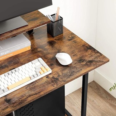  INDUSTRIAL - Mobilne biurko komputerowe, z podstawką na monitor, 80 x 50 x 90 cm, styl industrialny, czarny - brąz