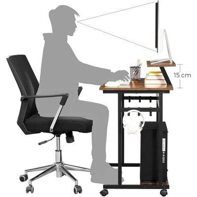  INDUSTRIAL - Mobilne biurko komputerowe, z podstawką na monitor, 80 x 50 x 90 cm, styl industrialny, czarny - brąz