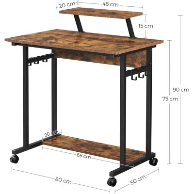  INDUSTRIAL - Mobilne biurko komputerowe, z podstawką na monitor, 80 x 50 x 90 cm, styl industrialny, czarny - brąz