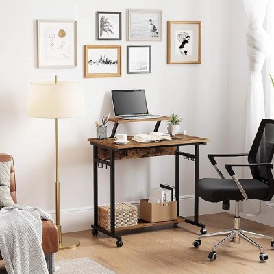  INDUSTRIAL - Mobilne biurko komputerowe, z podstawką na monitor, 80 x 50 x 90 cm, styl industrialny, czarny - brąz
