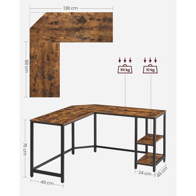  INDUSTRIAL -Stolik pod komputer biurko narożne z półkami brązowo-czarny
