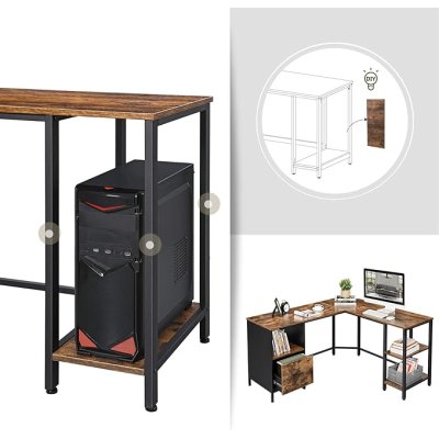  INDUSTRIAL -Stolik pod komputer biurko narożne z kontenerkiem i półkami vintage brązowo-czarny