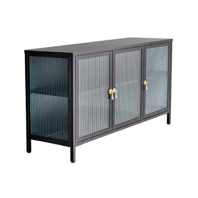  Nowoczesny komoda AMSTERDAM 105 cm, czarno-złota, żebrowana witryna metalowa ze szkła