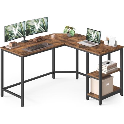 INDUSTRIAL -Biurko komputerowe w kształcie litery L, 130 x 120 x 76 cm narożne z 2 półkami brązowo-czarny vintage